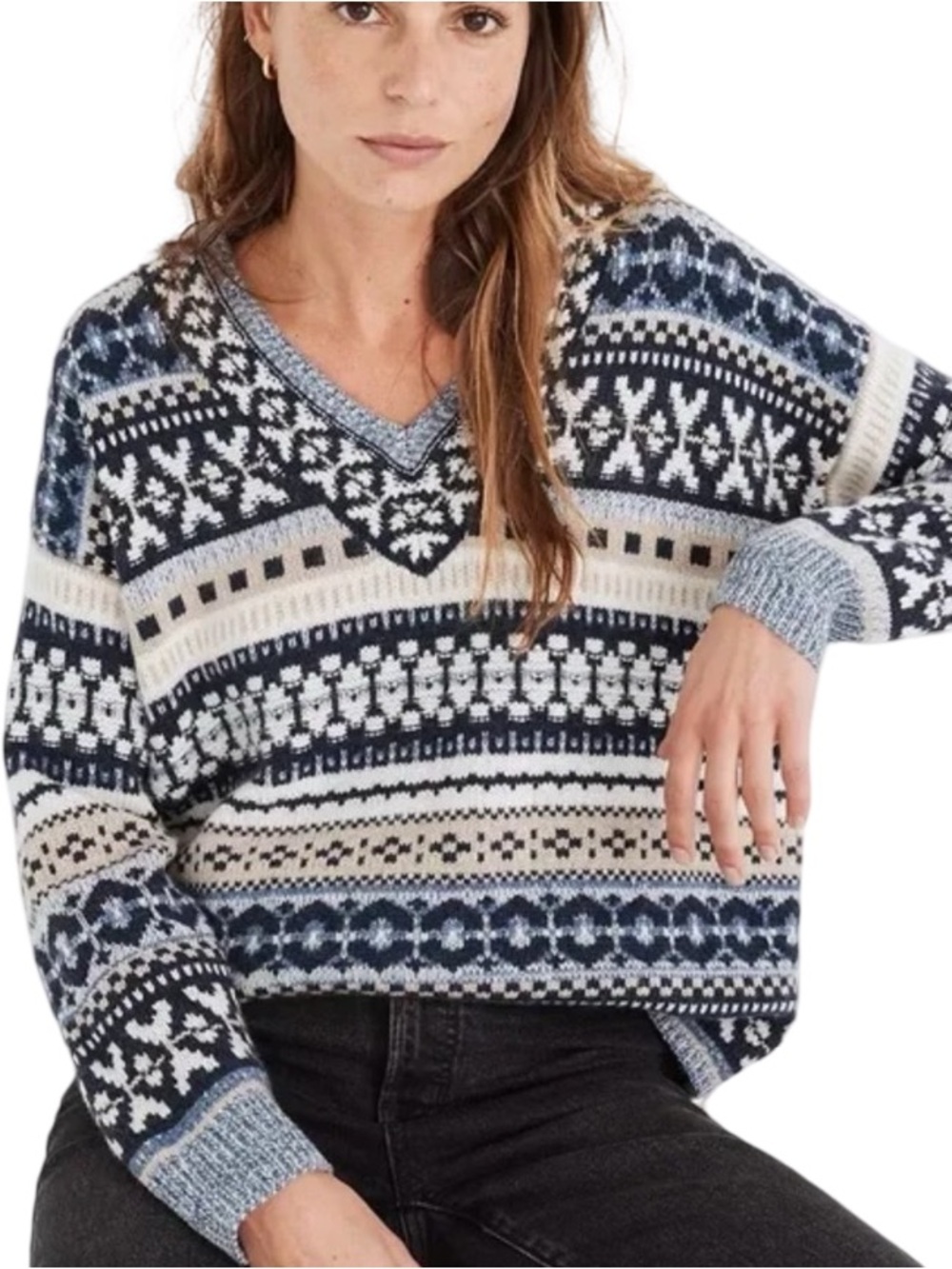 Madewell Forrest Fair Isle V Neck Wool Blend Scandinavian Cottagecore Sweater